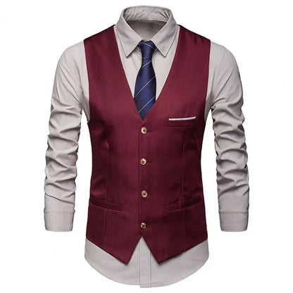 Men Business Waistcoat Workwear Business Formal Wedding Waistcoat Pockets Removable White Strips Suit Vest Classic Solid Color