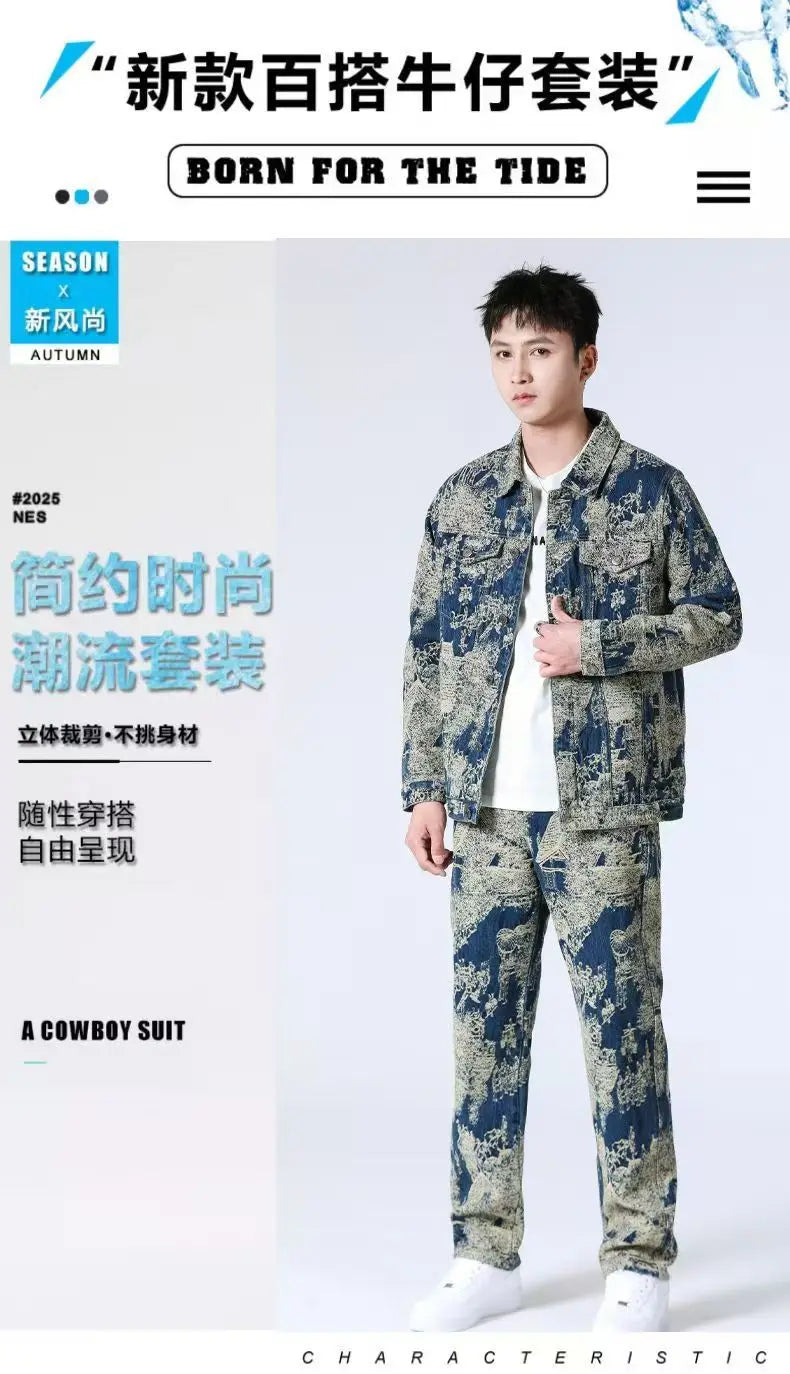 High Street Denim Sets Men's Jacquard Ragged Loose Casual Retro Washed Denim Shirt Style Jacket Jeans Pants