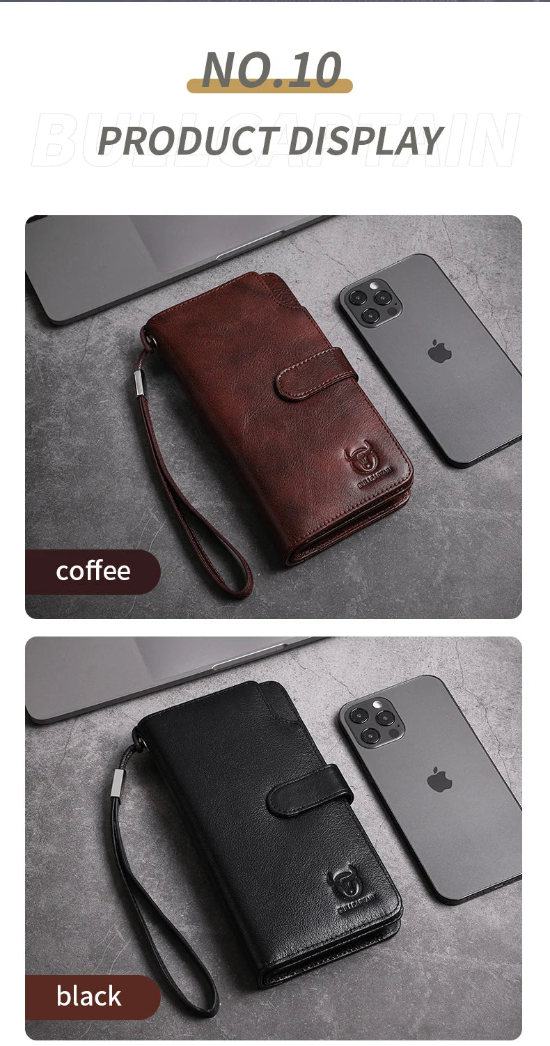 BULLCAPTAIN Men Long Wallet Clutch Bag Credit Card Holder Purses Carteras Billetera Hombre Leather Money Portfe Carte