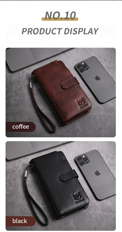 BULLCAPTAIN Men Long Wallet Clutch Bag Credit Card Holder Purses Carteras Billetera Hombre Leather Money Portfe Carte