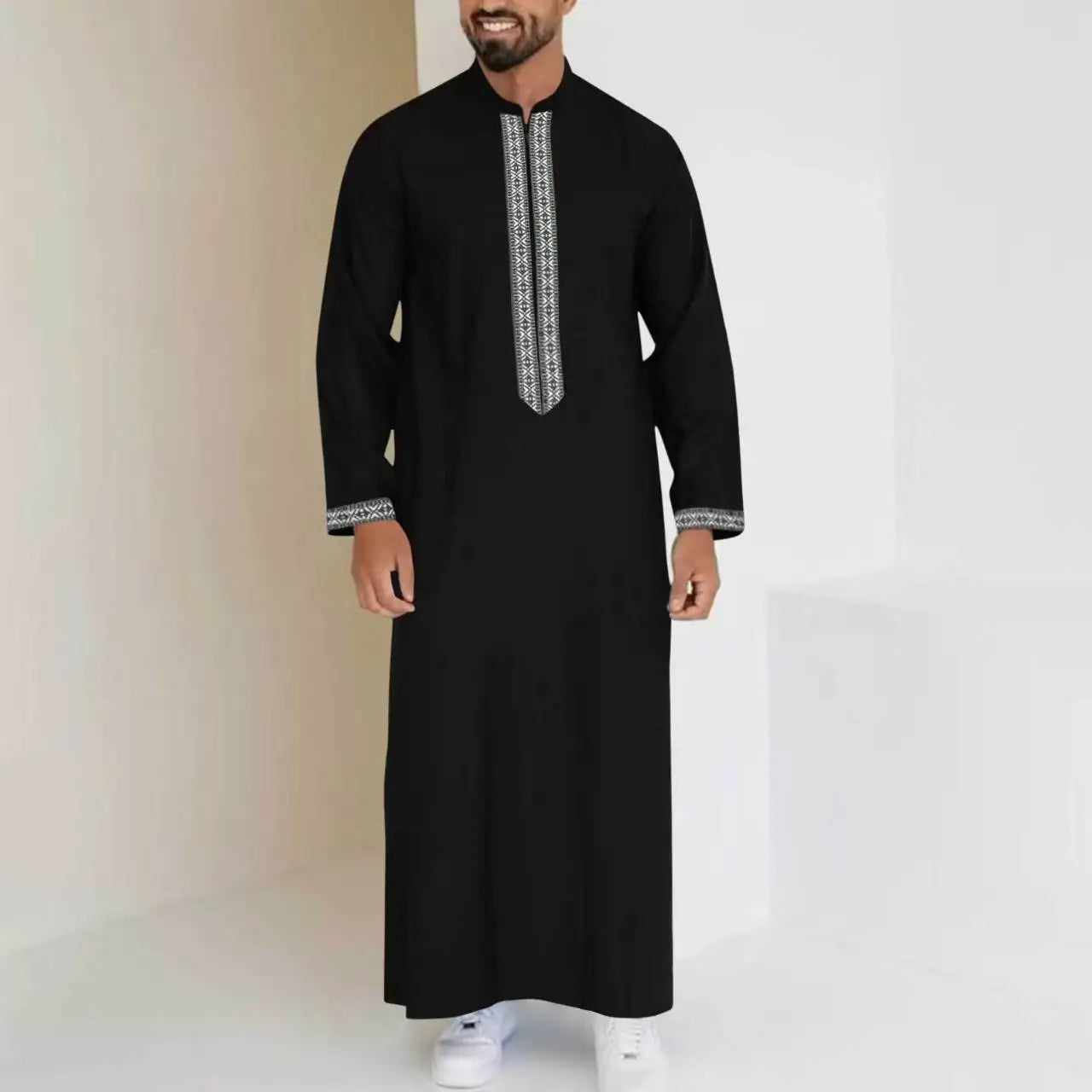 Men's Muslim Robes Middle East Arab Ramadan Islamic Zipper V-neck Loose Clothes Stripe  Casual Long Sleeve Shirt Dress Tunic Top