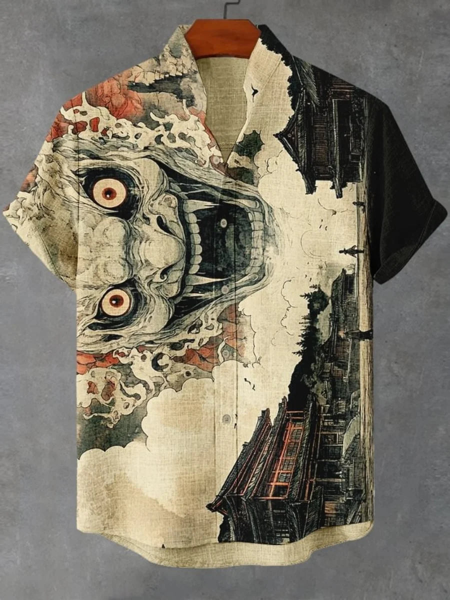 New cartoon cat-themed short-sleeved shirt, summer retro men's art print shirt, casual vacation streetwear