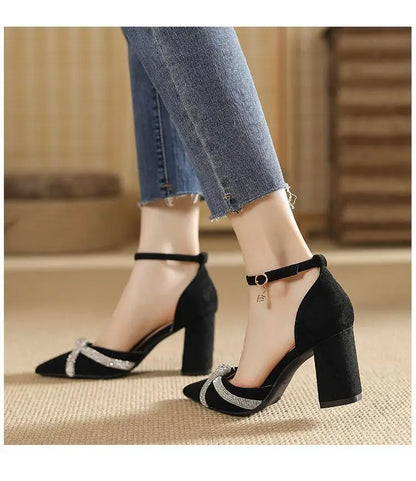 Size 30-44 Chunky Heel Hollow Point Toe High Heels Women Shoes Solid Color Ankle Strap Rhinestone Black Heels