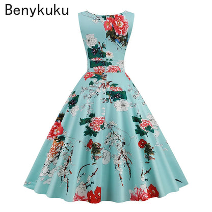 Floral Print 1950s 60s Vintage Women Dress Elegant Summer Robe Ladies Sleeveless V Neck A Line Swing Rockabilly Dresses 2025