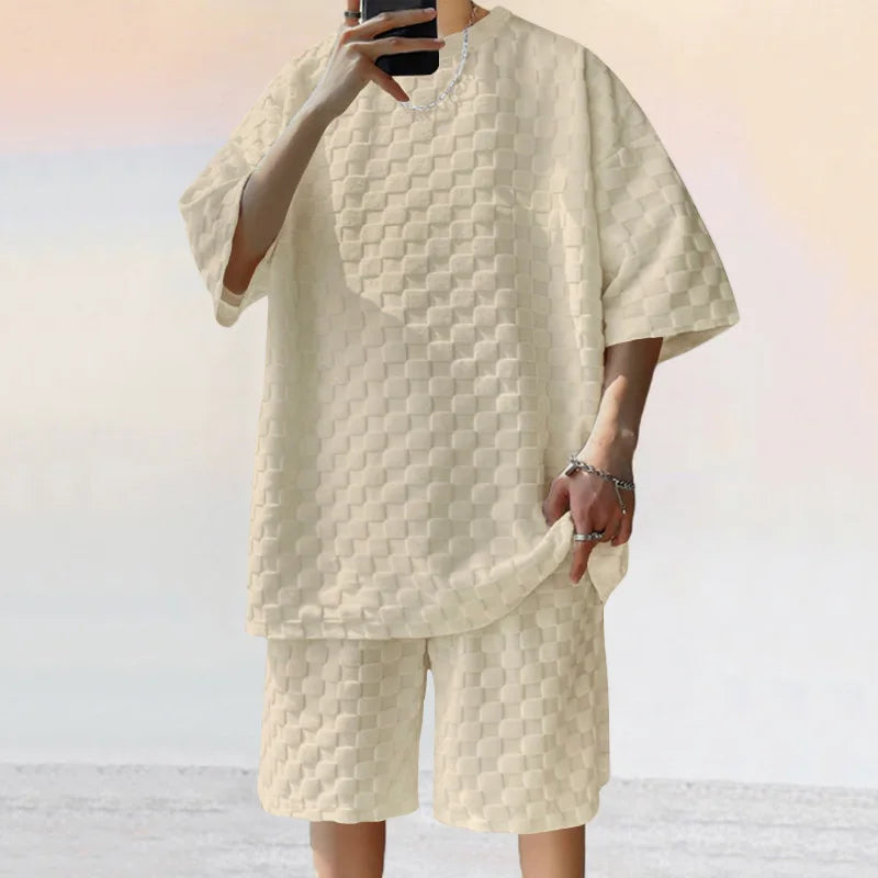 European and American Oversized Fashion Brand Men's Summer New Chessboard Plaid Loose Sports and Leisure Two-Piece Set