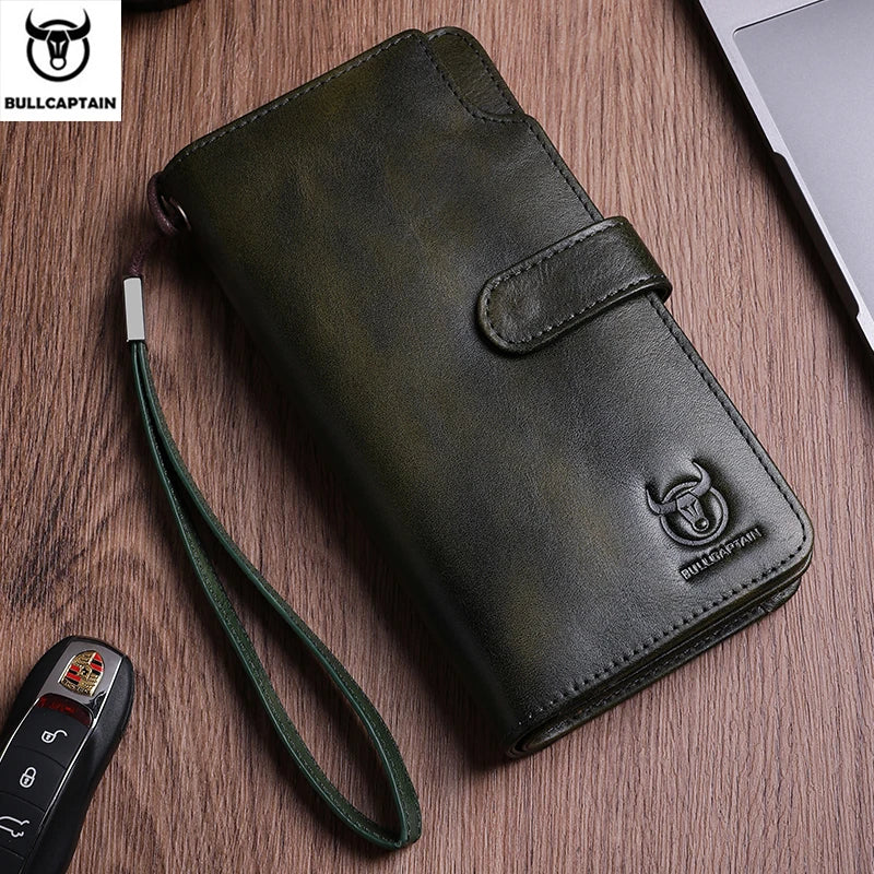 BULLCAPTAIN Men Long Wallet Clutch Bag Credit Card Holder Purses Carteras Billetera Hombre Leather Money Portfe Carte