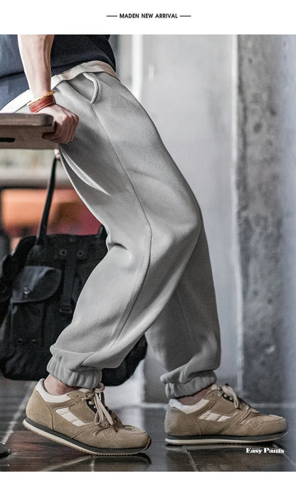 Maden Men's Casual Solid Color Polar Fleece Cuffed Sweatpants Elastic Waist Fleece-lined Pants Warm Sports Straight-leg Trousers