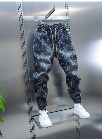 Trendy Men's Spring and Summer New Jeans Light Blue Heavy Industry Jacquard Leggings Thin Designer Luxury Elastic Waist Pants