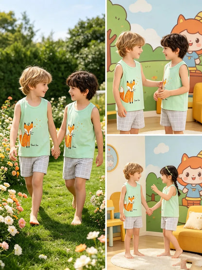 Summer Boys Clothing Sets Children's Sleeveless Cotton Clothes Kids Vest+Shorts 2pcs Boys Outfits Sportwear Cartoon Baby Sets