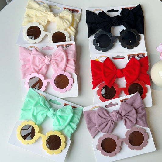 2 Pcs/Set New Children Cute Solid Bowknot Wide Hairbands Heart Sunglasses Hair Bands Baby Kids Headwear Girls Hair Accessories