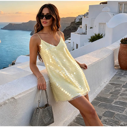 Sexy Lace Sequined Patchwork Women's Dress Sling Hollow Out Waist-Closed Lady Mini Dresses 2026 Summer Autumn Chic Female Robe