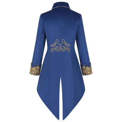 2025 New Blue Lace Tuxedo for Men, Euro- American Medieval Vintage Men's Tailcoat Jacket,medium Length Punk Performance Costume