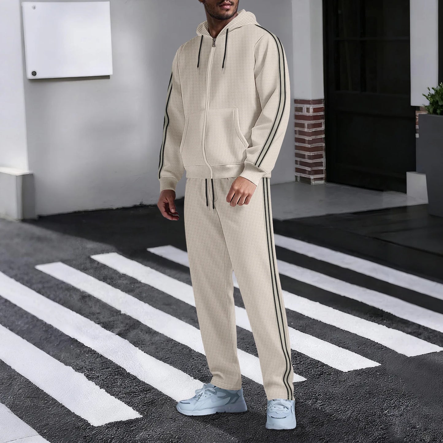 New men's outdoor sports casual hooded cardigan set - autumn fashion trend - pocket lace long-sleeved long pants two-piece set