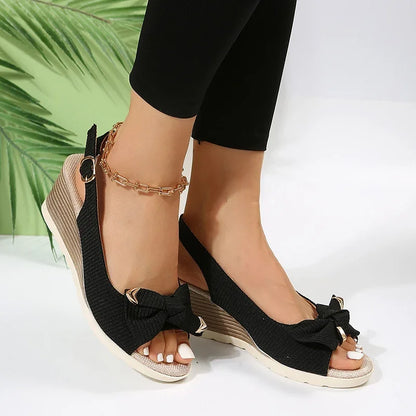 Fashion Bow Knot Thick Bottom Sandals Women Back Strap Wedge Open Toe Sandal Female New Office Ladies Anti-Slip Sandalias Mujer