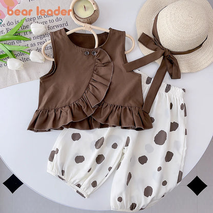 Bear Leader Girls' Set 2026 New Summer Solid Ruffled Top+Polka Dot Pants Set Fashion Baby Set Girl Baby Casual Sleeveless Set