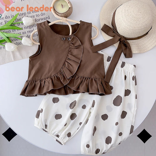 Bear Leader Girls' Set 2026 New Summer Solid Ruffled Top+Polka Dot Pants Set Fashion Baby Set Girl Baby Casual Sleeveless Set