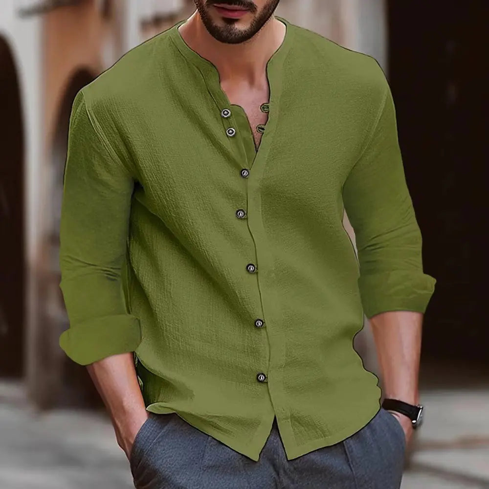 Cotton Linen Men's shirt 2025 Spring and Autumn Retro Solid Color Cotton and linen Casual Loose Long sleeved shirt  Tops US Size