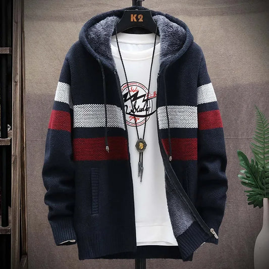 Striped Mens Sweater Coat Thick Fleece Warm Zipper Wool Hooded Cardigan Jumpers Men Long Sleeve Knitted Sweaters Suit Jackets