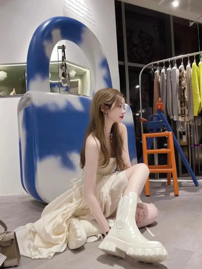 Women Motorcycle Boots Wedges Flat Shoes Woman Spring High Heel Platform Leather Combat Boots Lace Up Shoes Black Girls Platform