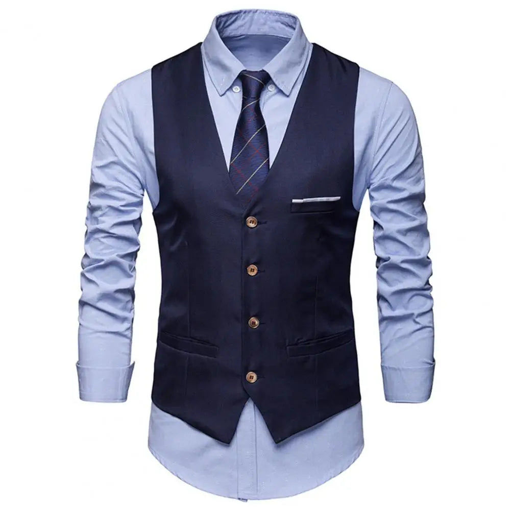 Men Business Waistcoat Workwear Business Formal Wedding Waistcoat Pockets Removable White Strips Suit Vest Classic Solid Color