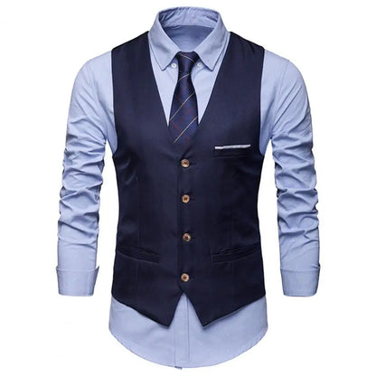 Men Business Waistcoat Workwear Business Formal Wedding Waistcoat Pockets Removable White Strips Suit Vest Classic Solid Color