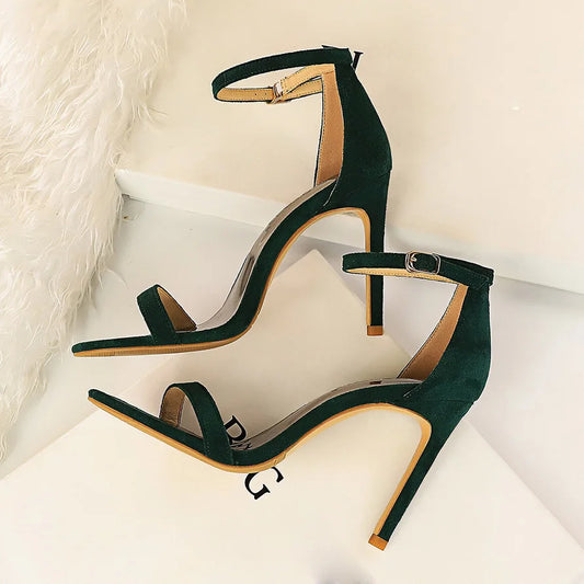 Women 10cm High Heels Flock Stripper Sandals Female Fetish Strappy Red Shoes Lady Valentine Green Summer Classic Sexy Pumps
