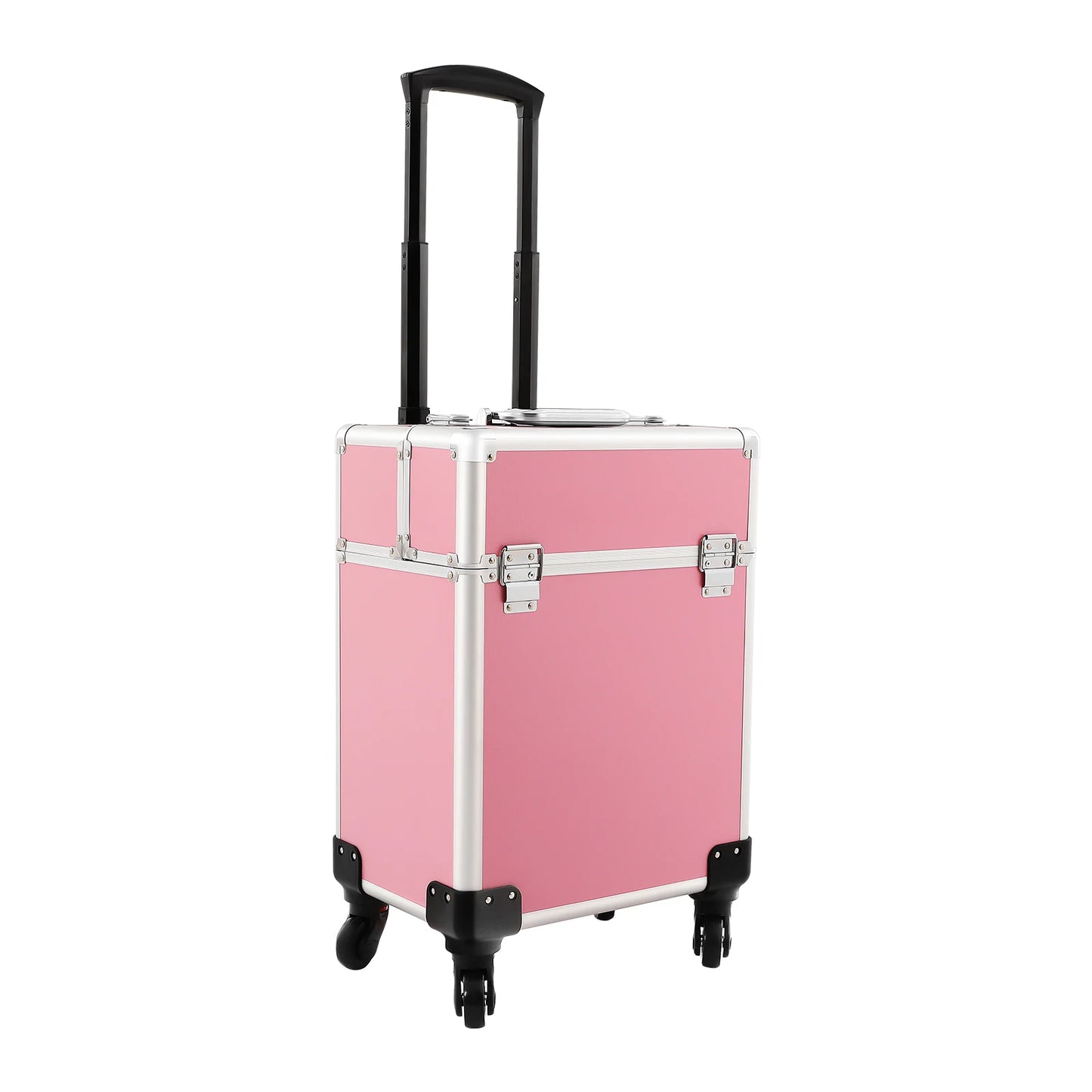 Rolling Makeup Train Case,Cosmetic Trolley with Keys,Hairdressing Travel Case,Large Capacity Trolley Makeup Box,Pink/Black