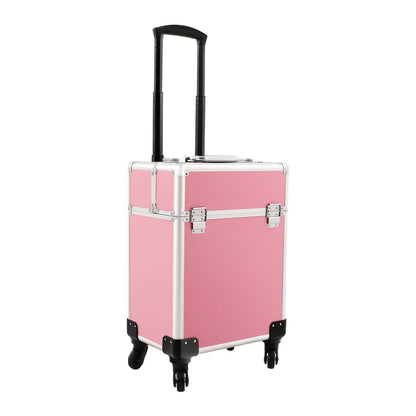 Rolling Makeup Train Case,Cosmetic Trolley with Keys,Hairdressing Travel Case,Large Capacity Trolley Makeup Box,Pink/Black