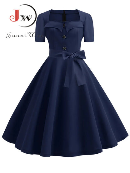 Women Vintage Dress Summer 50s 60s Retro Swing Rockabilly Vestidos Elegant Black Polka Dot Office Party Dress