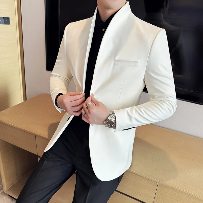 New Blazer Cowhide Velvet Korean Version Business Slim Fit Suit Stand Collar Fashionable Casual Suit Jacket Men Formal Clothing