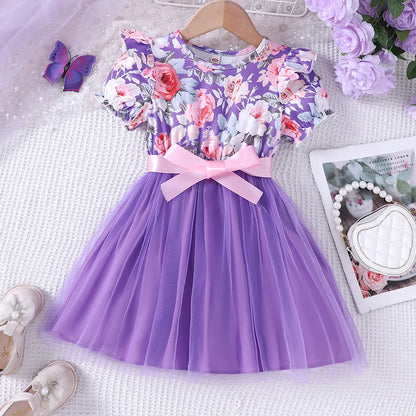 New girls' summer style bubble sleeve flower printed mesh dress