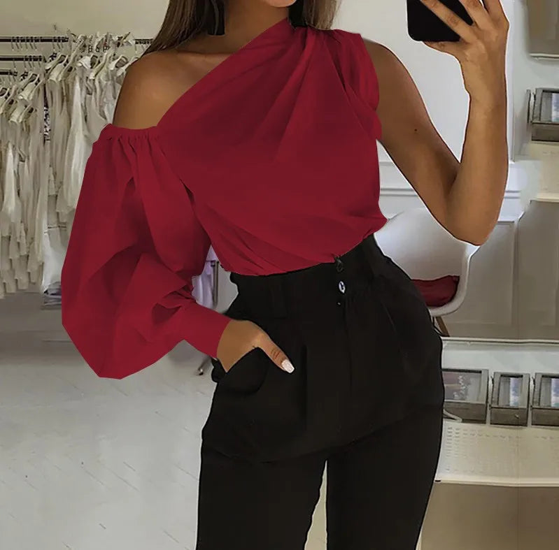 Elegant Blouses Women 2023 Summer Off Shoulder Blusas Female Fashion Lantern Long Sleeve Shirts One Shoulder Tops S-5XL