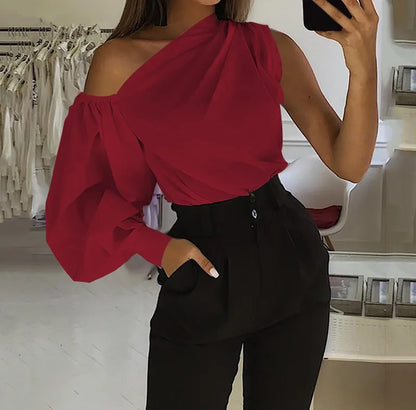 Elegant Blouses Women 2023 Summer Off Shoulder Blusas Female Fashion Lantern Long Sleeve Shirts One Shoulder Tops S-5XL