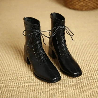 Winter High Heel Women's Ankle Boots  Fashion Lace Up Short Boots Women's Thick High Heel Side Zipper Botas De Mujer 2024