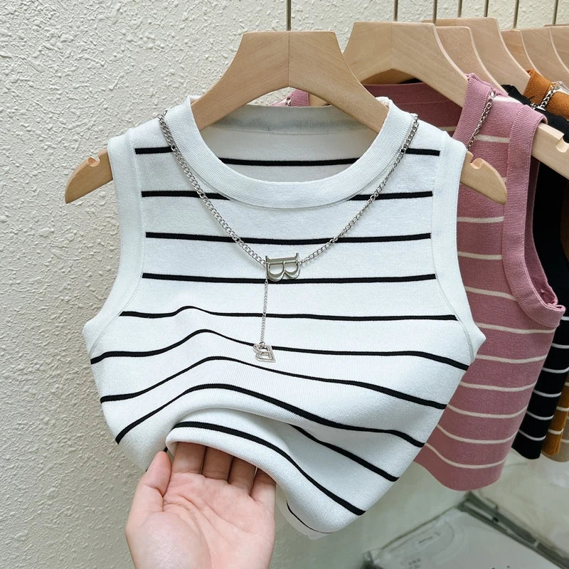 AOSSVIAO 2026 New Waistcoat Women Wear Striped Wide Edge Temperament Summer Top Short Knit Sleeveless Bottom Shirt