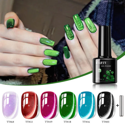 TARTU 6pcs 8ml Nude Pink Red Blue Green Brown Black Cat Eye Nail Gel Set, 6 Colors Semi-permanent Gel Polish Kit, Soak Off Uñas