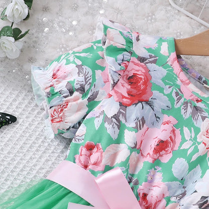 New girls' summer style bubble sleeve flower printed mesh dress