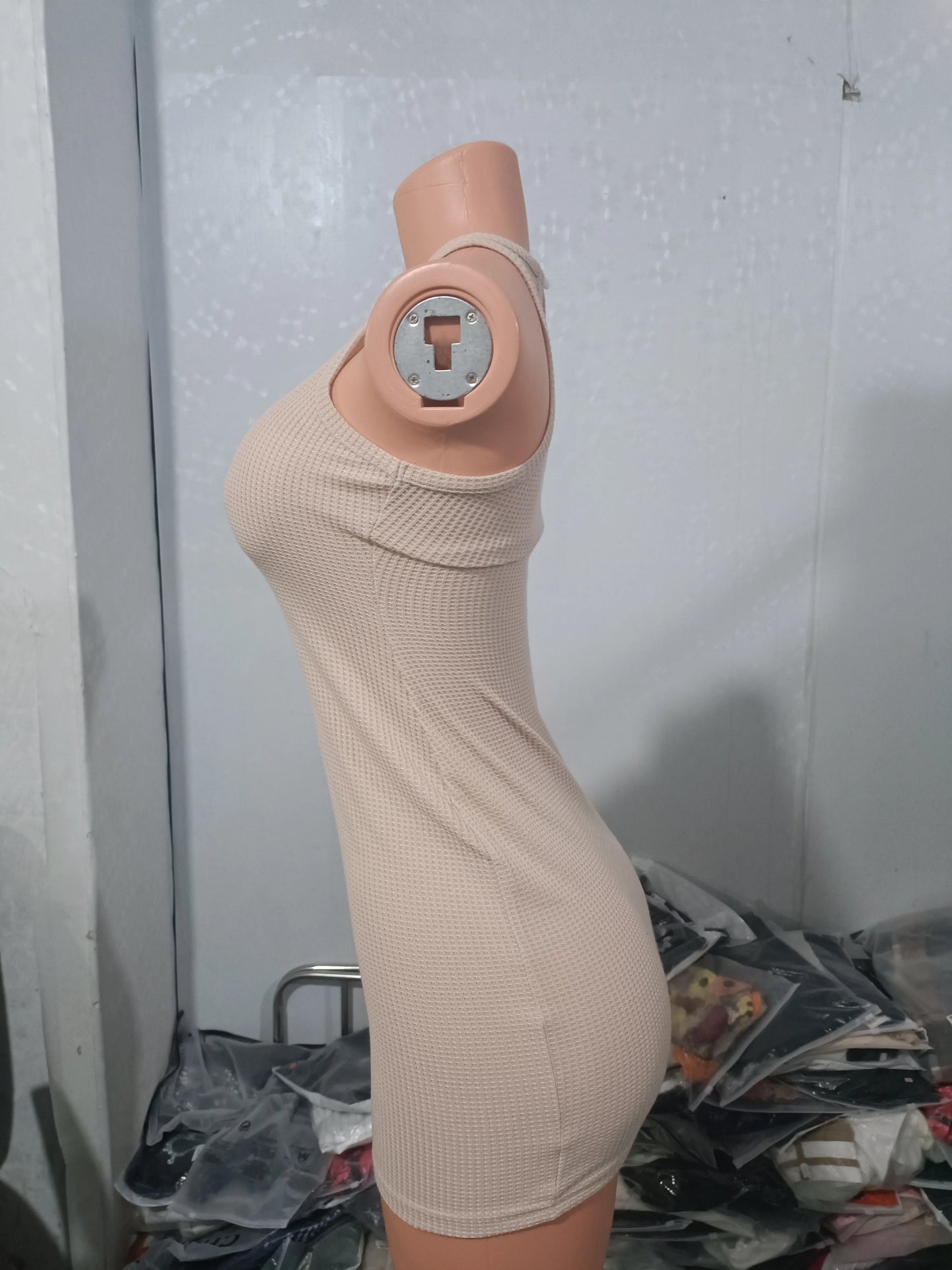 Sexy Dresses for Women 2023 Summer Vestidos Fashion New Sleeveless O-neck Keyhole Back Textured Mini Skinny Solid Color Dress