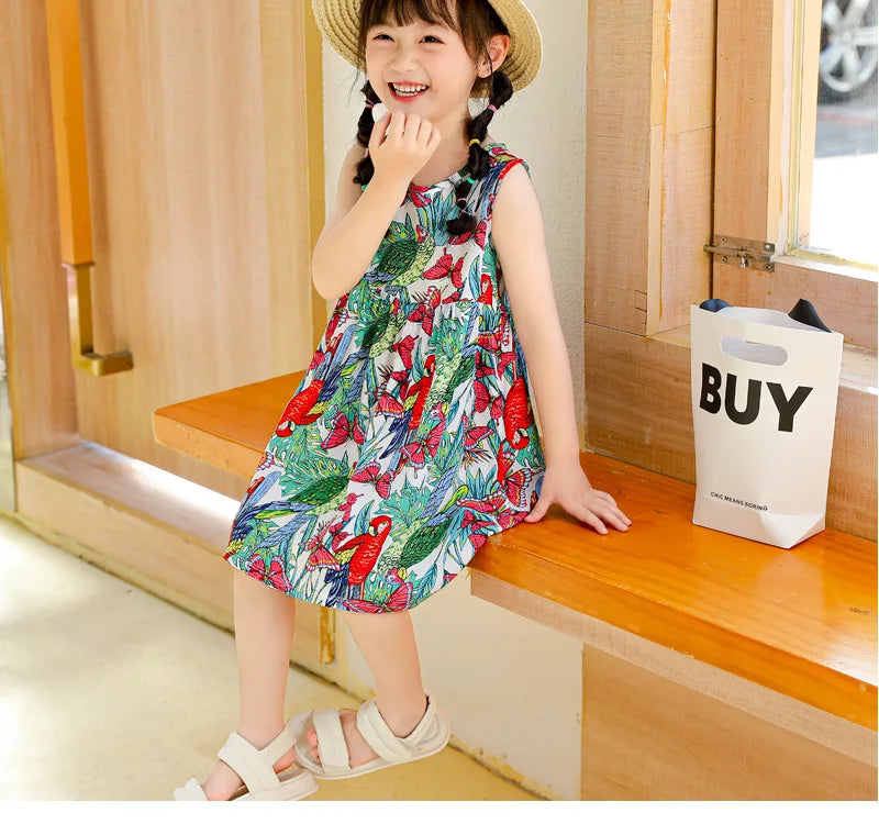 Girls Casual Dresses Flower Printing Sleeveless Casual Dress Toddler Clothes Flower Girl Dresses 2 To 8 Years