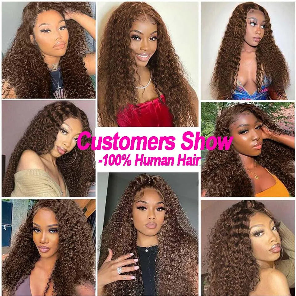 Chocolate Brown 13x6 HD Lace Frontal Wig with 13x4 Curly Deep Wave Human Hair Water Wave Brazilian Style for Women 4x4 Hair