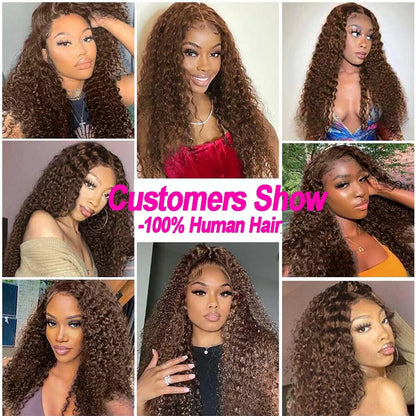 Chocolate Brown 13x6 HD Lace Frontal Wig with 13x4 Curly Deep Wave Human Hair Water Wave Brazilian Style for Women 4x4 Hair