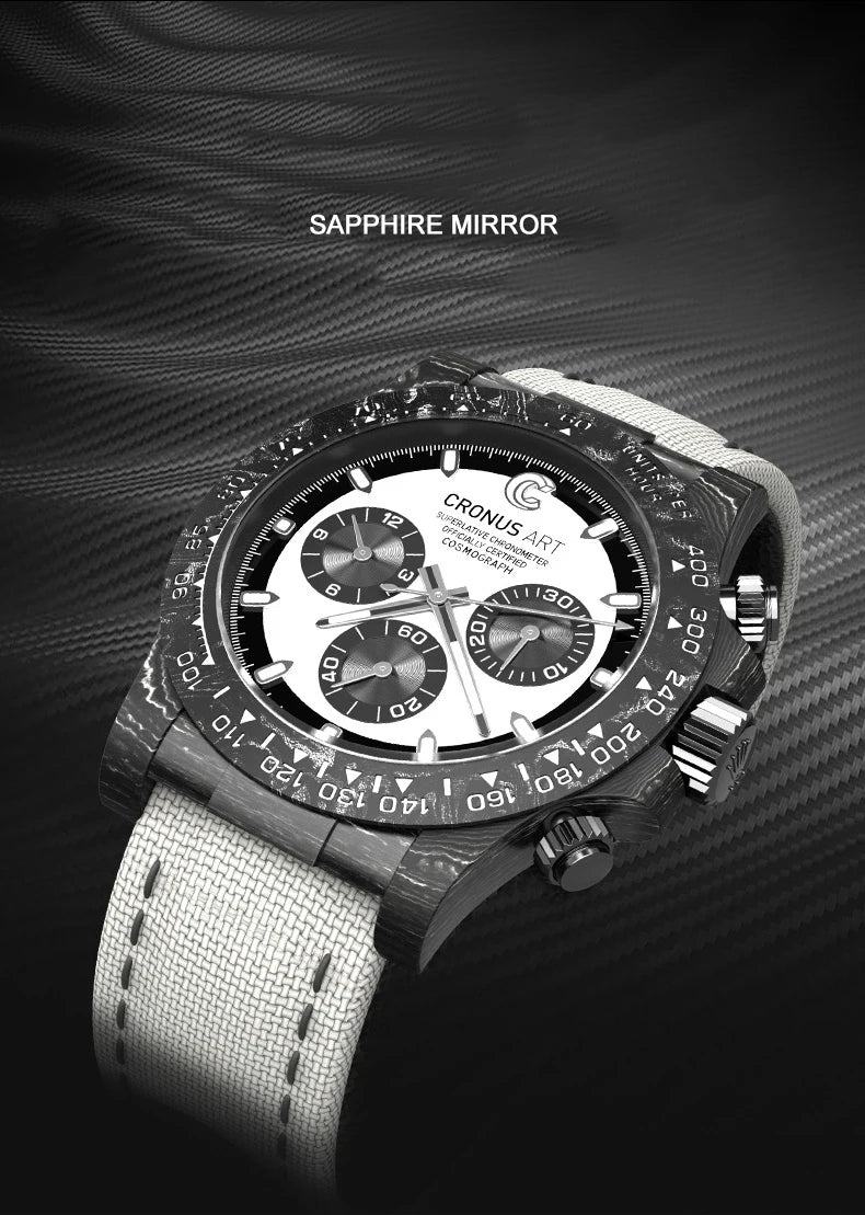 CRONUSART Men Chronograph Watch Pilot 40mm Automatic Mechanical Wristwatch Carbon Fiber Case Luminous Sapphire Mirror