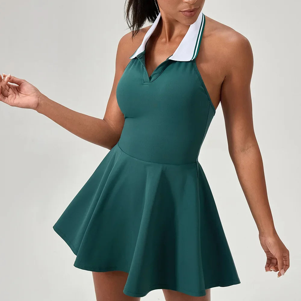 Summer Dress Vest Deep V Hanging Neck Sexy Dress for Women Contrasting Color Lapel Golf Skirt Outdoor Sports Gym Running
