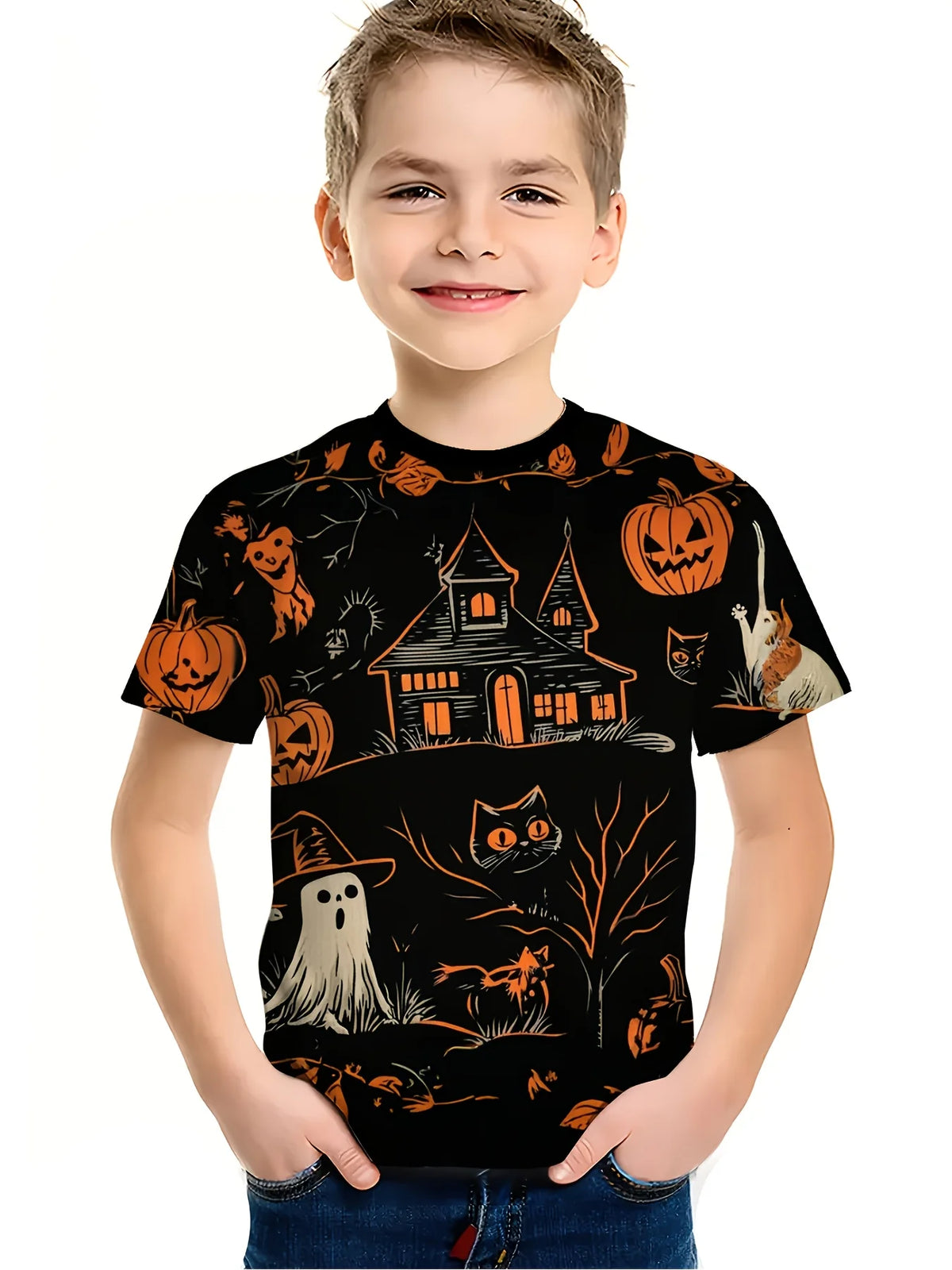 Girl Clothes Funny Terror Pumpkin Graphic T Shirt Boys Girls Halloween Short Sleeve Tops Tees 2-10Y Halloween Gift Party T-Shirt