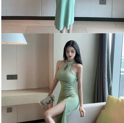 Vintage French Dress for Women Sleeveless Halter High Waist Slit Long Dresses Summer New Chic Temperament Vestidos