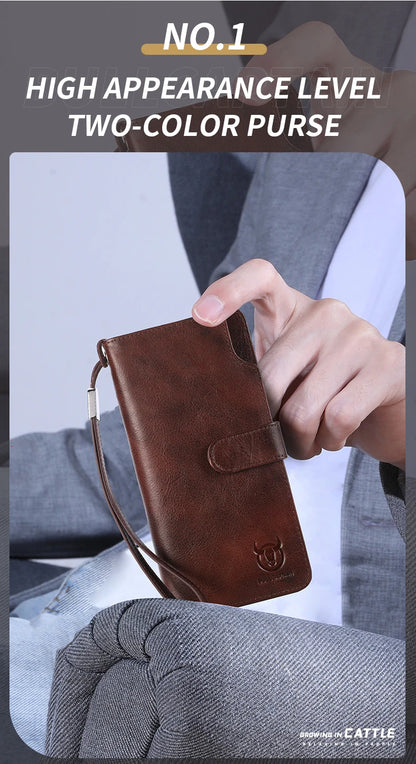 BULLCAPTAIN Men Long Wallet Clutch Bag Credit Card Holder Purses Carteras Billetera Hombre Leather Money Portfe Carte