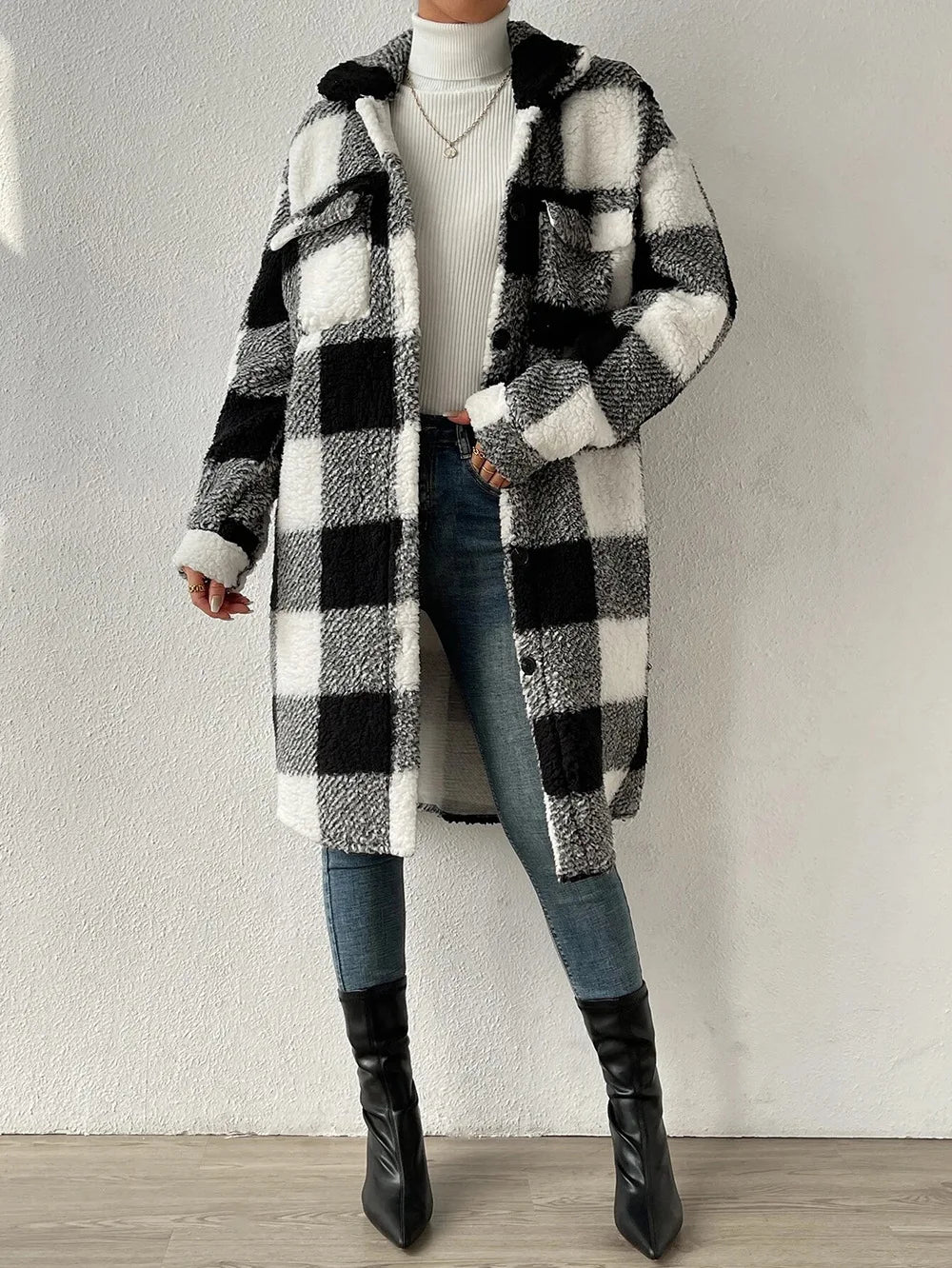 Cardigan 2023 Autumn Long Sleeved Turn-down Collar Plush Plaid Coat Loose Temperament Commuter Longline Jacket Women Outerwear