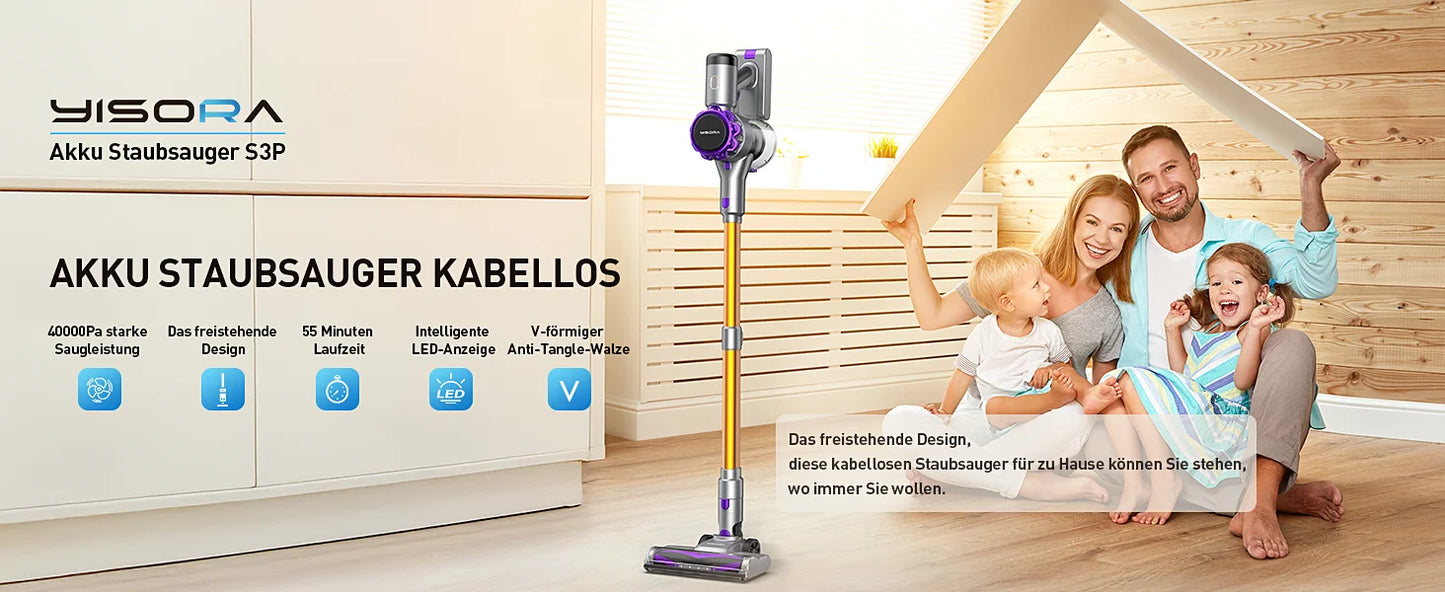YISORA Cordless Vacuum Cleaner, 40Kpa 55Mins Running Time Wireless Vacuum Cleaner with Touchscreen for Pet Hair, Carpet