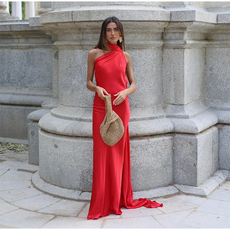 Ribbon Satin Long Party Dress Women Elegant Solid Sleeveless Female Backless Dresses 2026 Summer Autumn Lady Evening Club Gowns