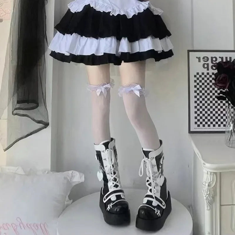 New Gothic Platform Shoes Women's Boots Vampire Role Play Womens Mid-calf Boots Lace Up Wedges Punk Style Botines Para Mujeres